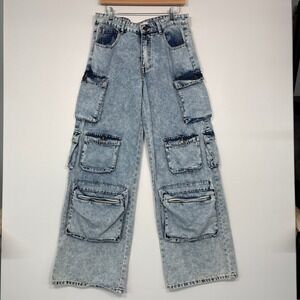 Gogo Jeans Womens Cargo Pants 13/31 Blue Acid Wash Wide Leg Multi-Pocket Utility